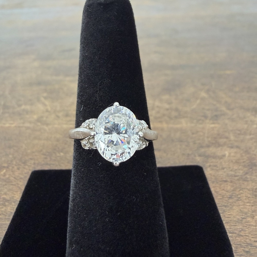 MOISSANITE Oval Cut Engagement Ring With Side Stones 925‎ Sterling Silver Estate